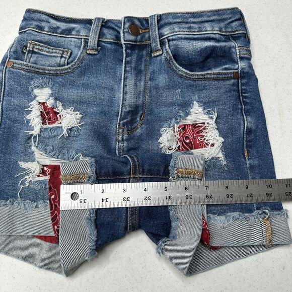Judy Blue Shorts Womens XS Cuffed Blue Jean Denim Distressed Bandana Print *Flaw - Picture 7 of 11